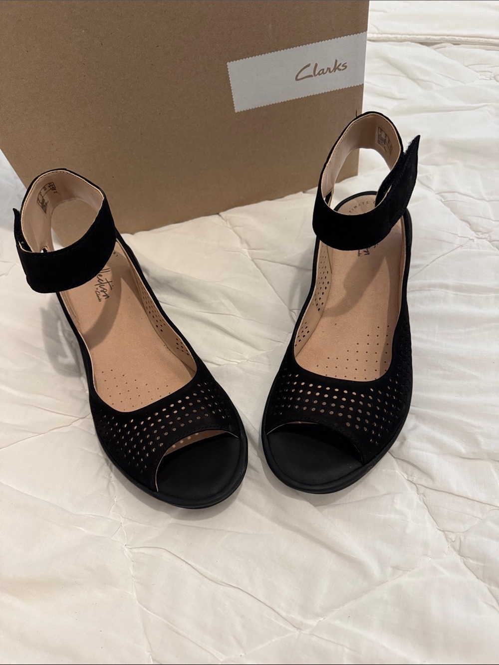Clarks Black Perforated Peep-Toe Ankle-Strap Wedges